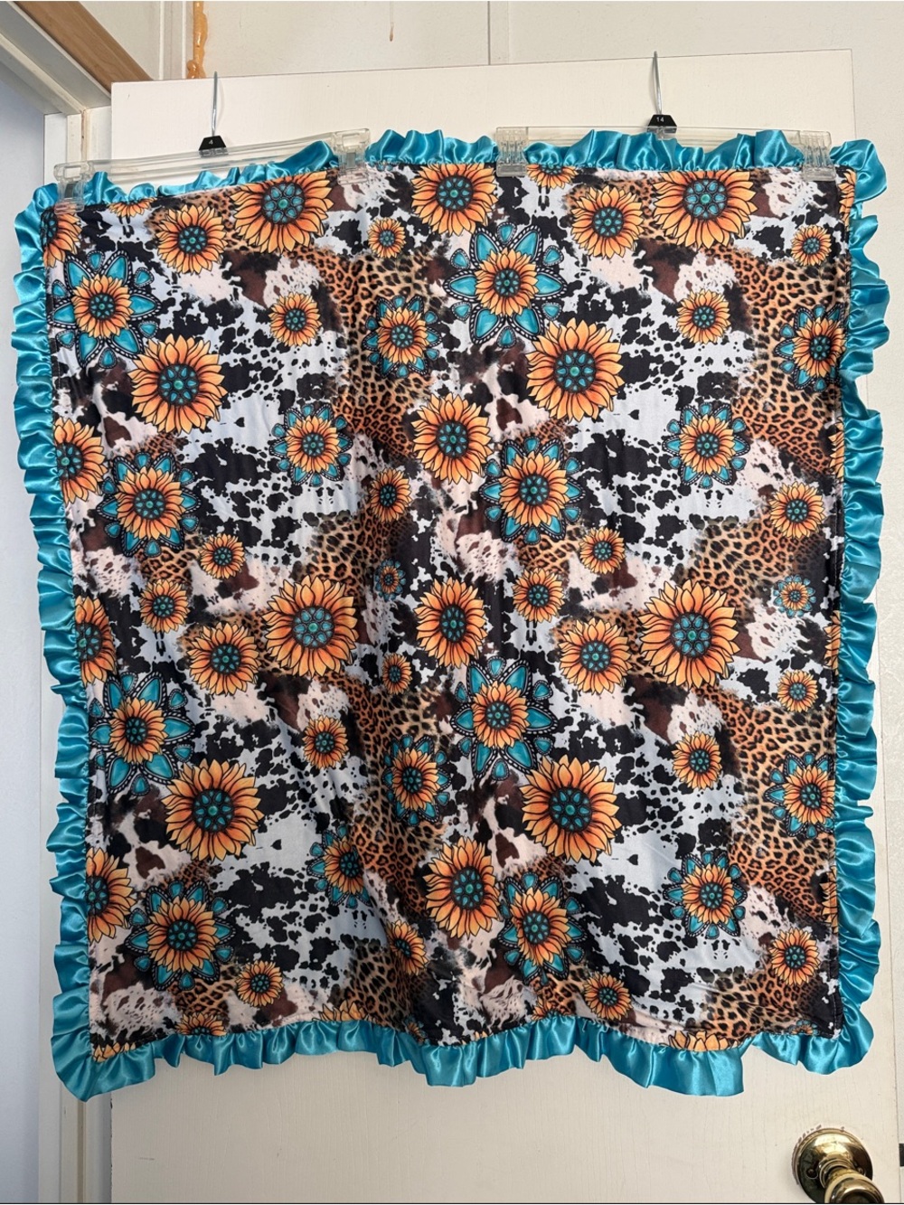 Floral & Leopard Satin Baby Blanket with Teal Ruffle